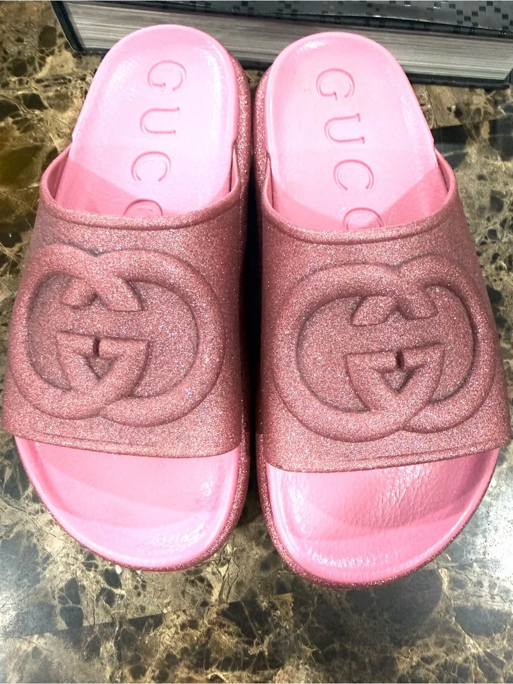 Gucci Pink Glitter GG Platform Slides Sandals I 36 Authentic